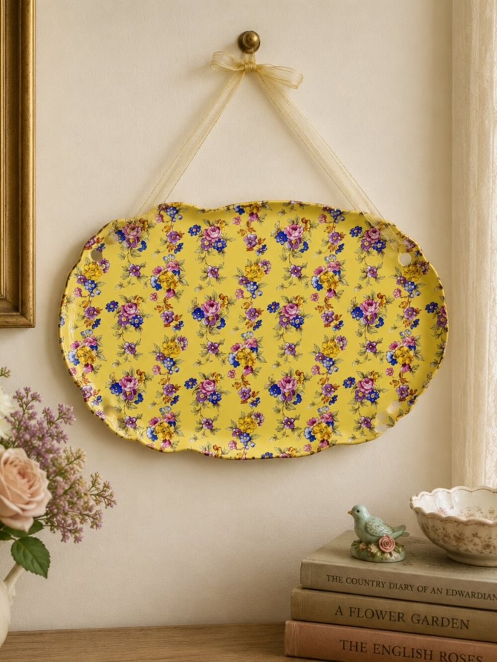 Vintage Yellow Chintz Floral Wall Plate with Ribbon Hanger